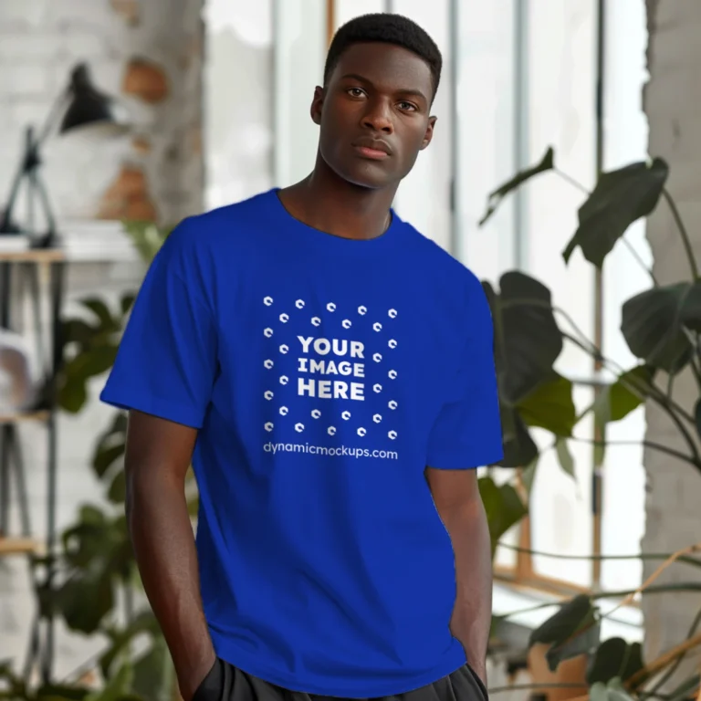 Man Wearing Dark Blue T-shirt Mockup Front View Template