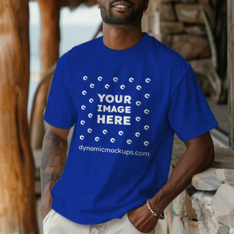 Man Wearing Dark Blue T-shirt Mockup Front View Template