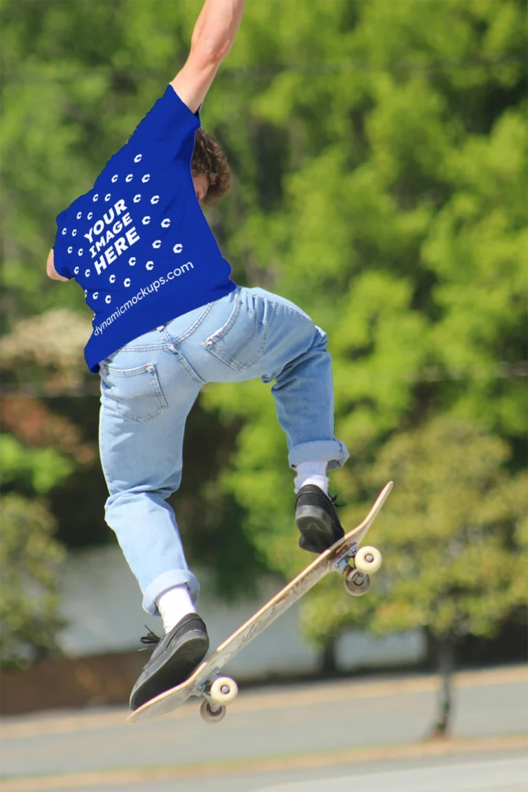 Man Wearing Dark Blue T-shirt Mockup Back View Template