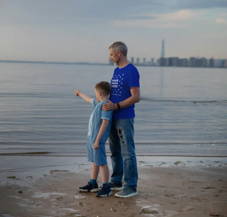 Man Wearing Dark Blue T-shirt Mockup Front View Template