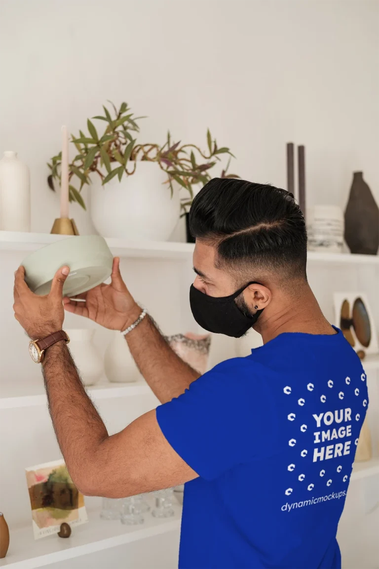 Man Wearing Dark Blue T-shirt Mockup Back View Template