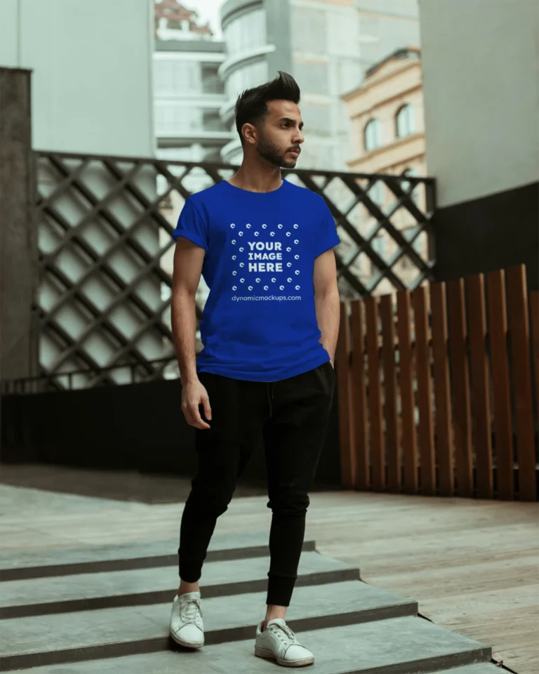 Man Wearing Dark Blue T-shirt Mockup Front View Template