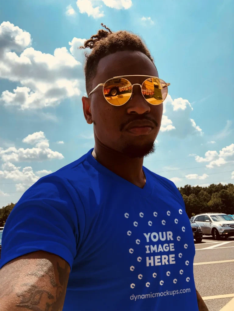 Man Wearing Dark Blue T-shirt Mockup Front View Template