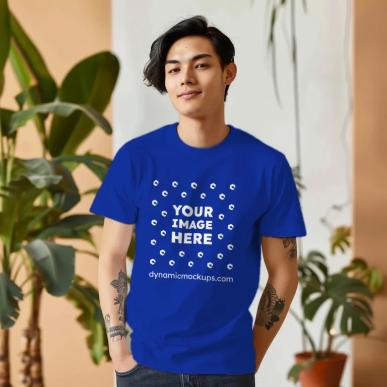 Man Wearing Dark Blue T-shirt Mockup Front View Template