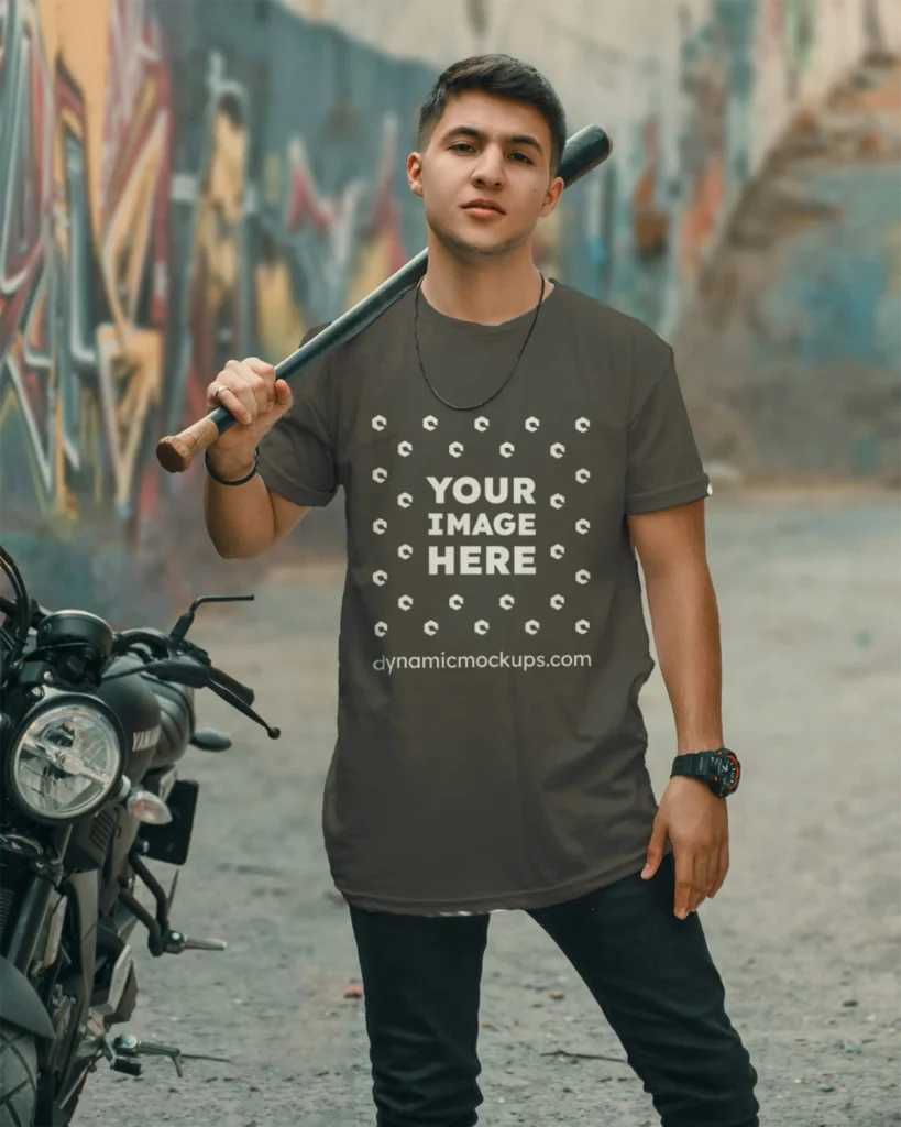 Man Wearing Dark Gray T-shirt Mockup Front View Template