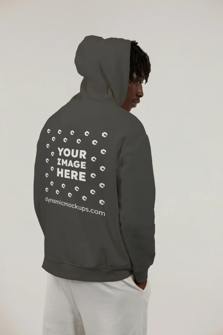 Man Wearing Dark Gray Hoodie Mockup Back View Template