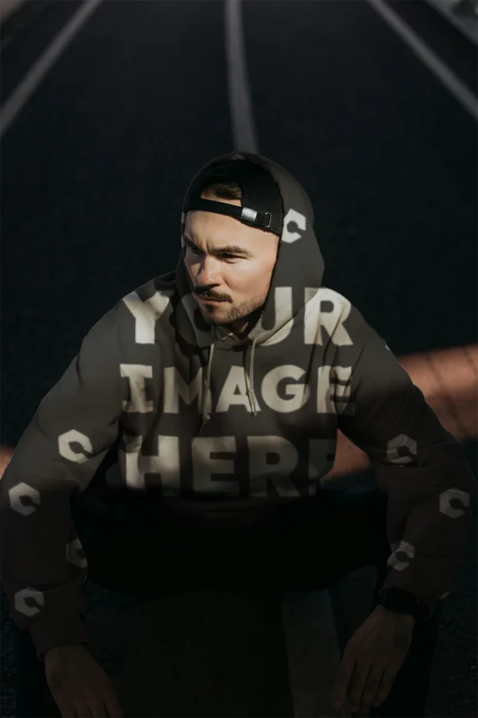 Man Wearing Dark Gray Hoodie Mockup Front View Template