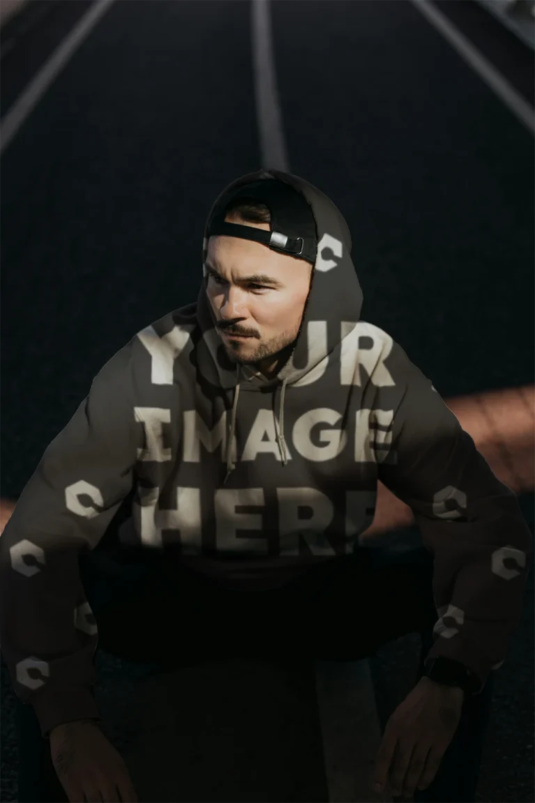 Man Wearing Dark Gray Hoodie Mockup Front View Template