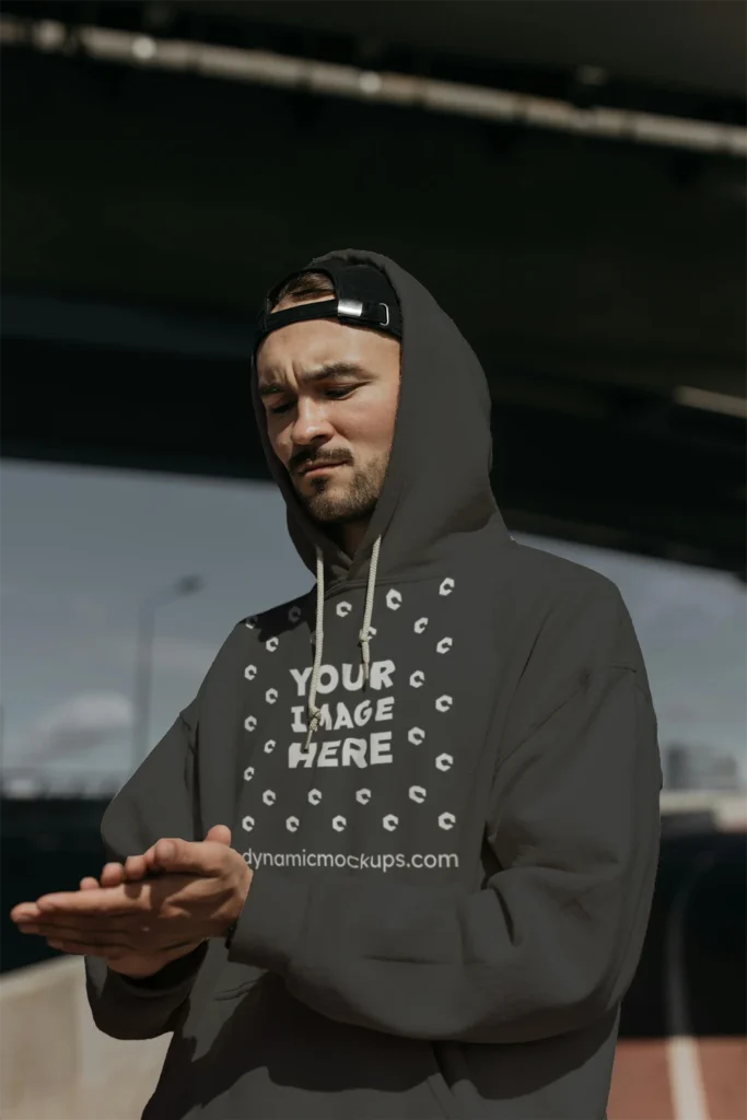 Man Wearing Dark Gray Hoodie Mockup Front View Template