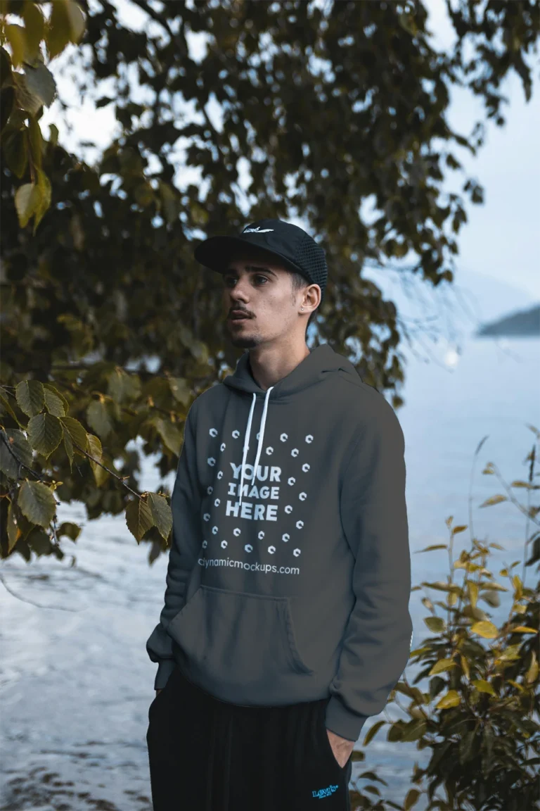 Man Wearing Dark Gray Hoodie Mockup Front View Template