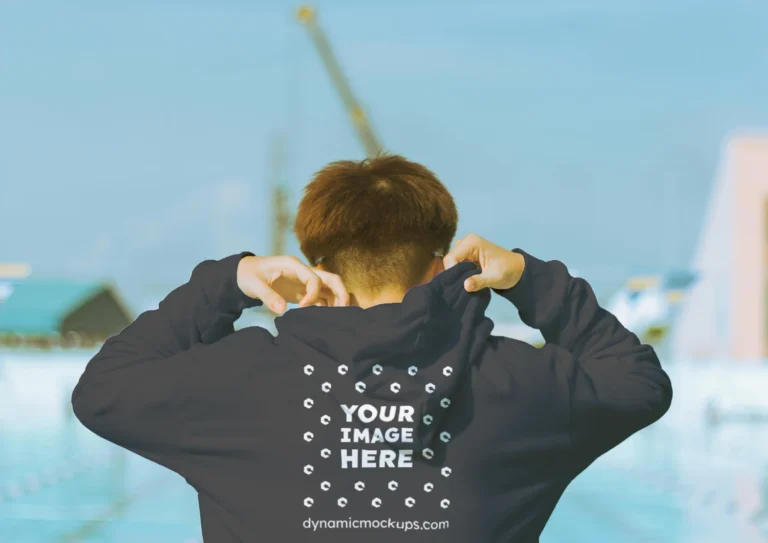Man Wearing Dark Gray Hoodie Mockup Back View Template