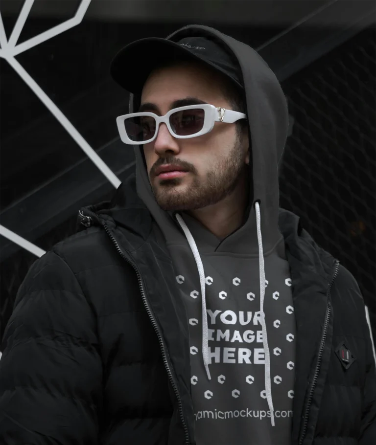 Man Wearing Dark Gray Hoodie Mockup Front View Template