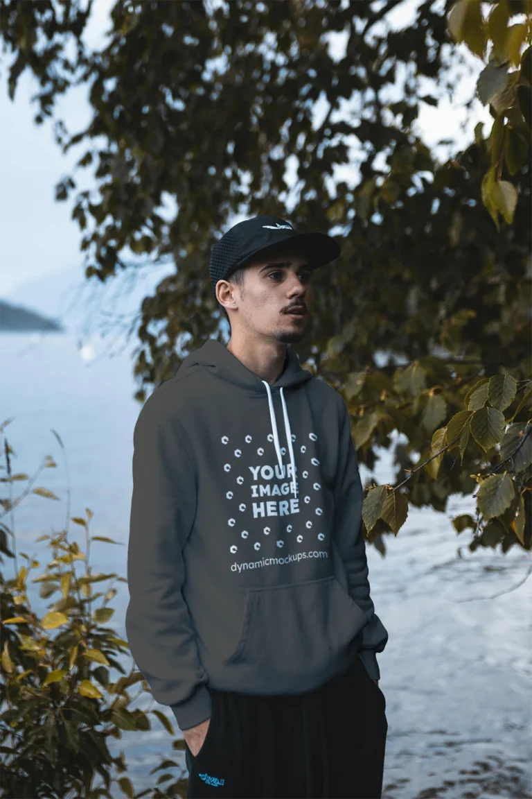 Man Wearing Dark Gray Hoodie Mockup Front View Template