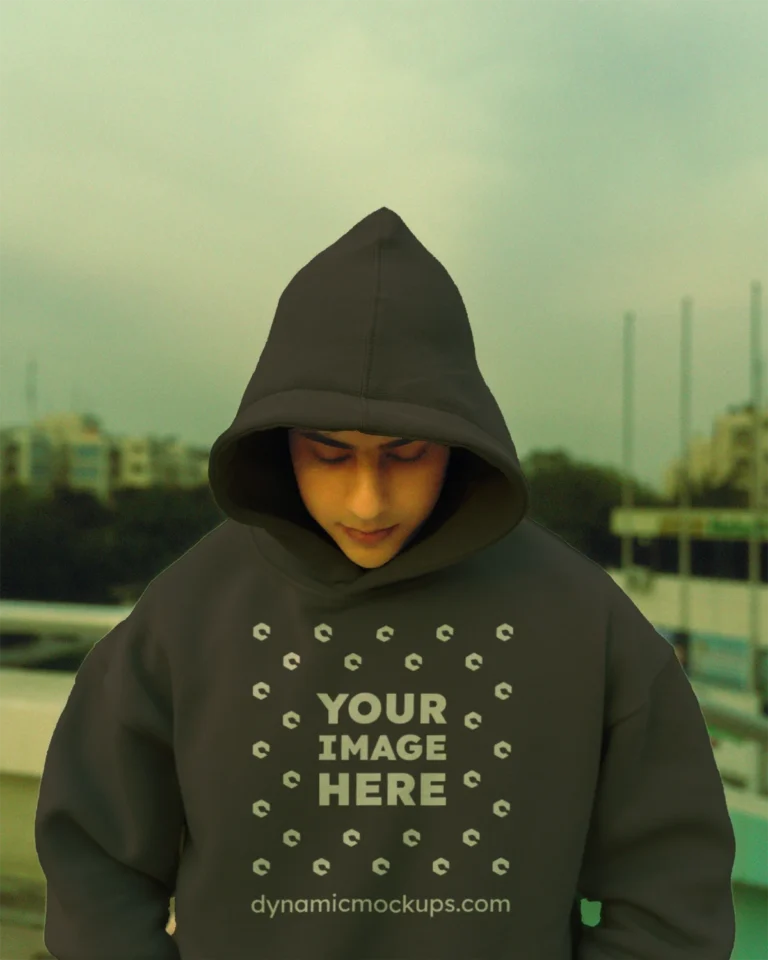 Man Wearing Dark Gray Hoodie Mockup Front View Template