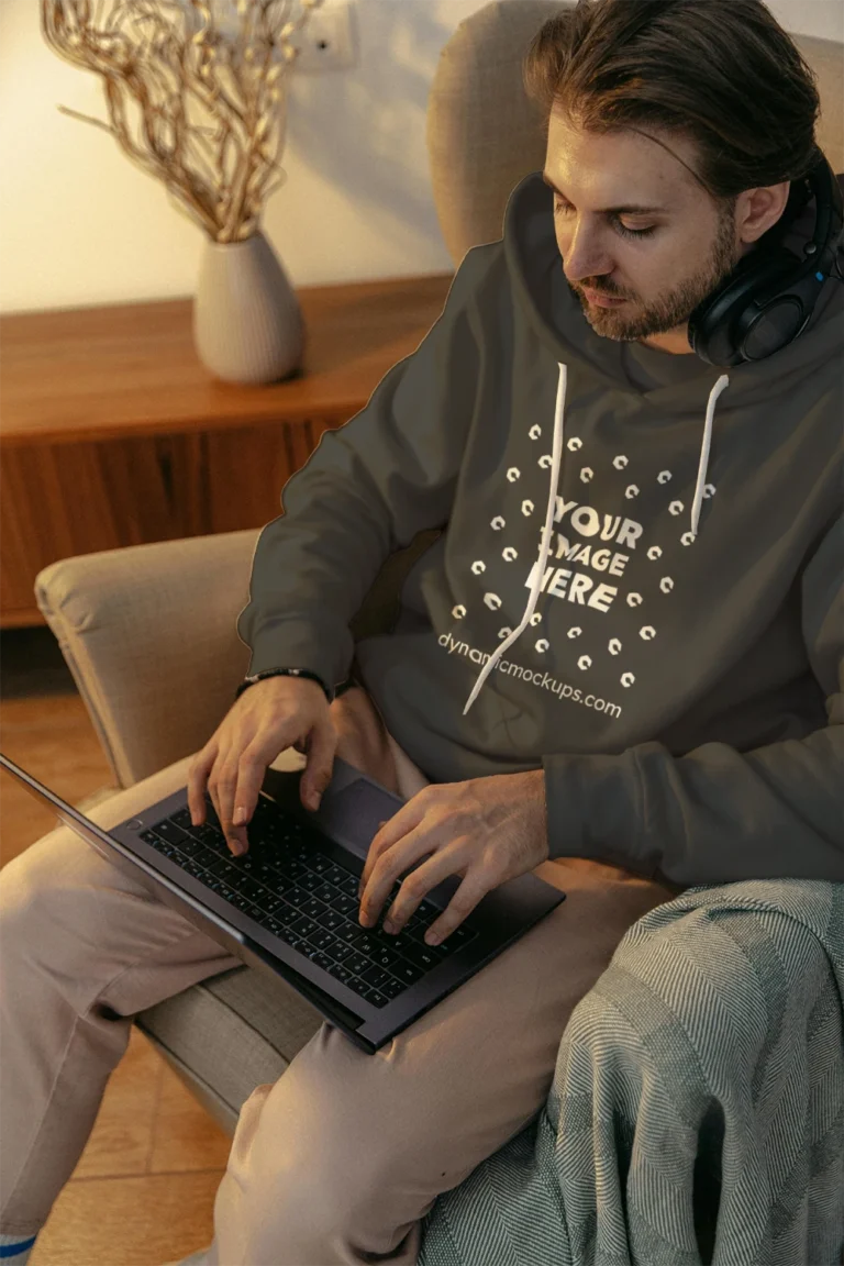 Man Wearing Dark Gray Hoodie Mockup Front View Template