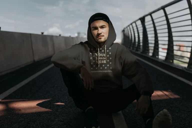 Man Wearing Dark Gray Hoodie Mockup Front View Template