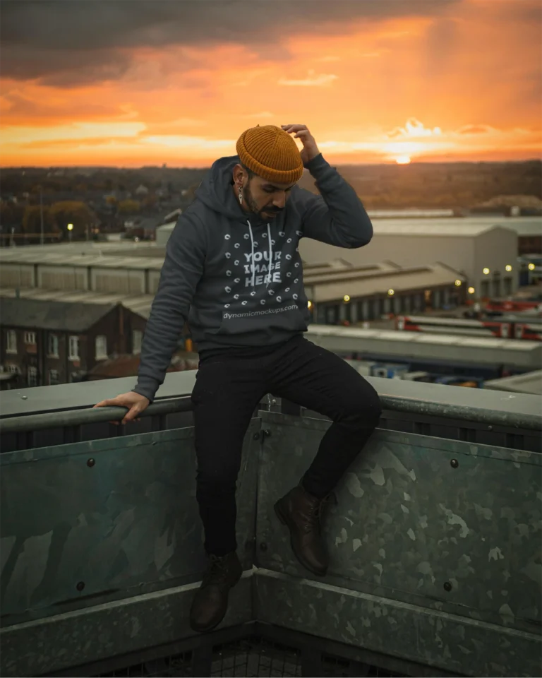 Man Wearing Dark Gray Hoodie Mockup Front View Template