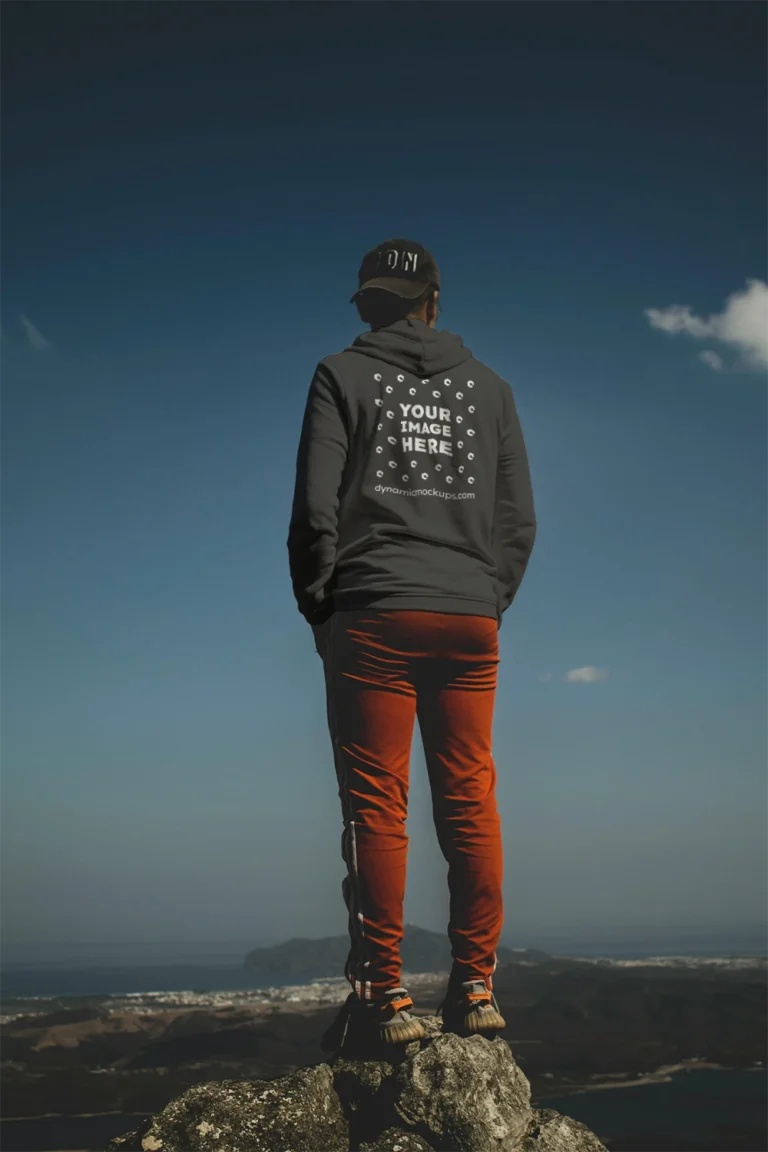 Man Wearing Dark Gray Hoodie Mockup Back View Template