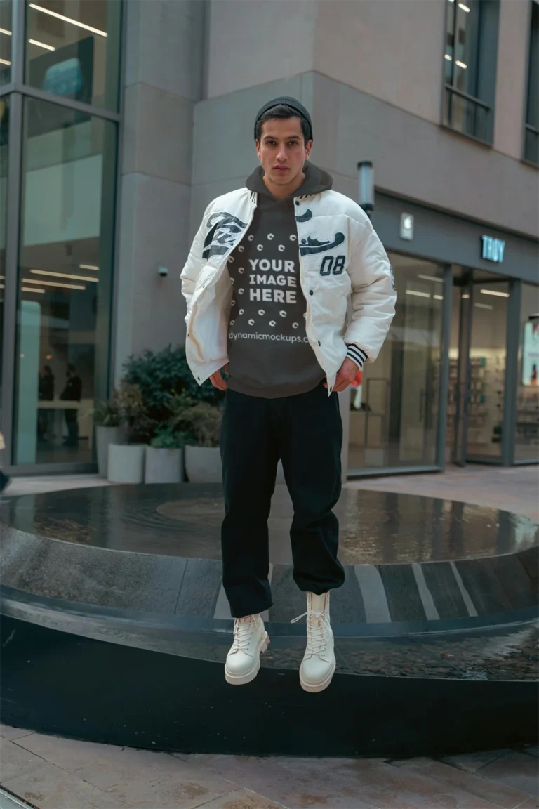Man Wearing Dark Gray Hoodie Mockup Front View Template