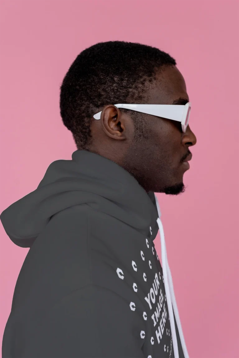 Man Wearing Dark Gray Hoodie Mockup Side View Template
