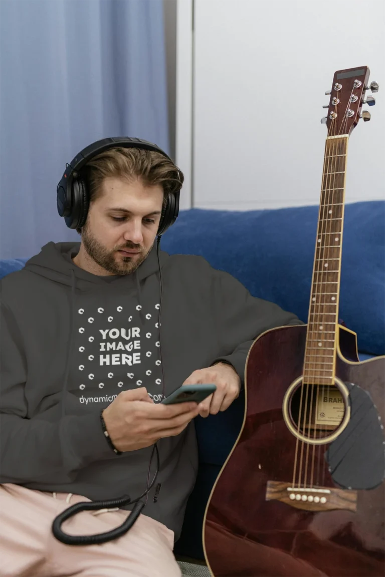 Man Wearing Dark Gray Hoodie Mockup Front View Template