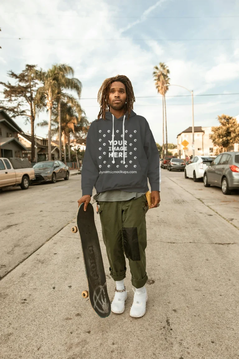 Man Wearing Dark Gray Hoodie Mockup Front View Template