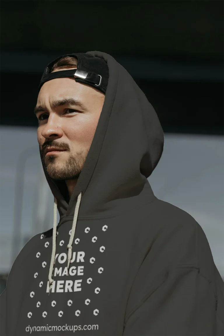 Man Wearing Dark Gray Hoodie Mockup Front View Template