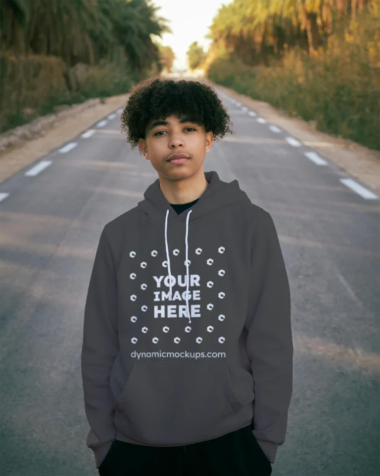 Man Wearing Dark Gray Hoodie Mockup Front View Template