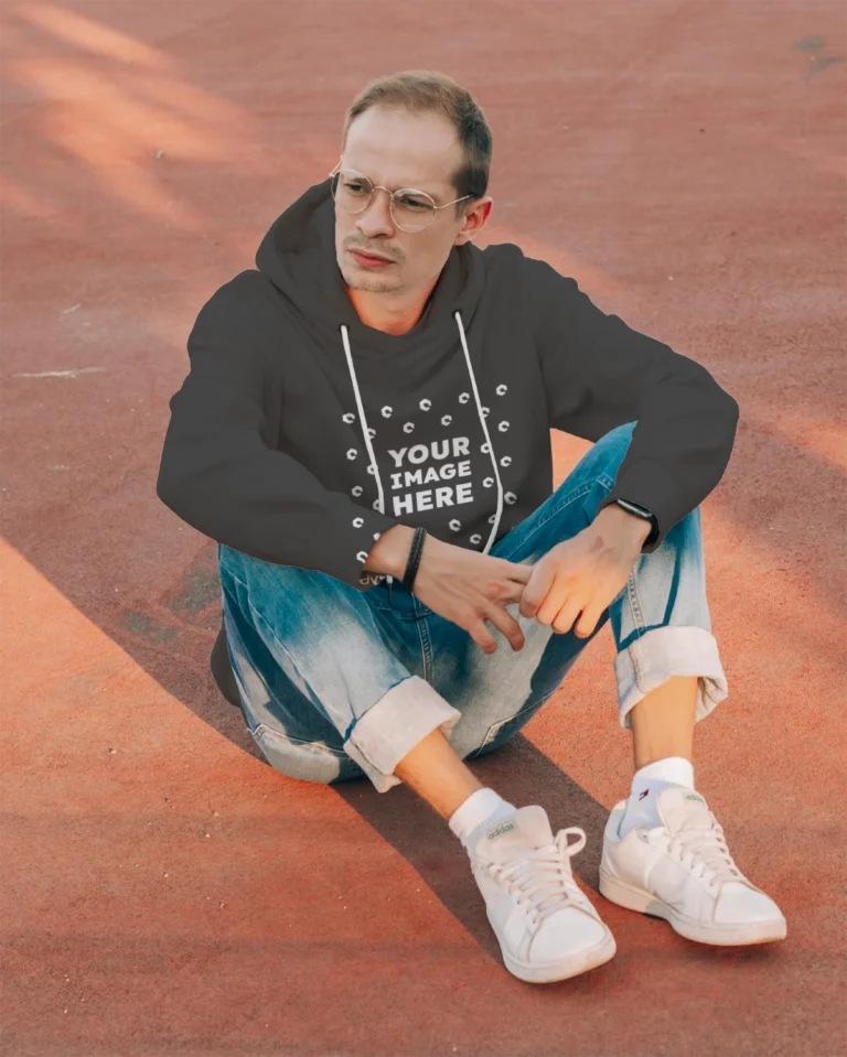 Man Wearing Dark Gray Hoodie Mockup Front View Template