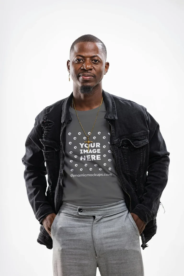 Man Wearing Dark Gray T-shirt Mockup Front View Template