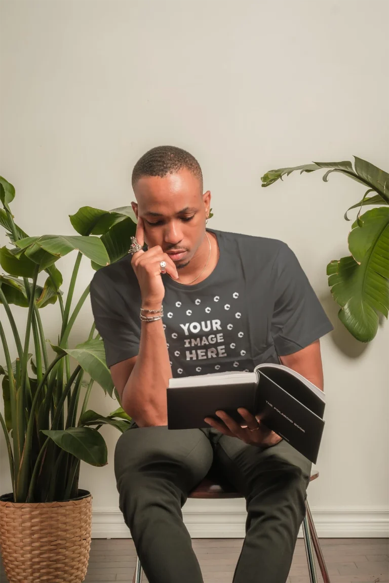 Man Wearing Dark Gray T-shirt Mockup Front View Template