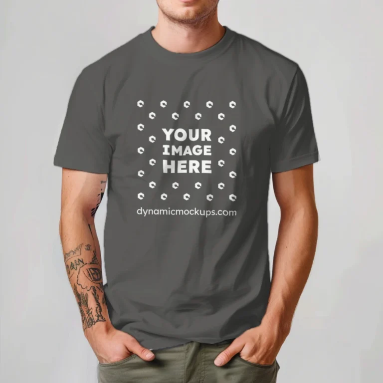 Man Wearing Dark Gray T-shirt Mockup Front View Template