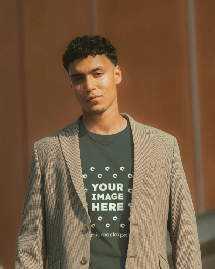 Man Wearing Dark Gray T-shirt Mockup Front View Template