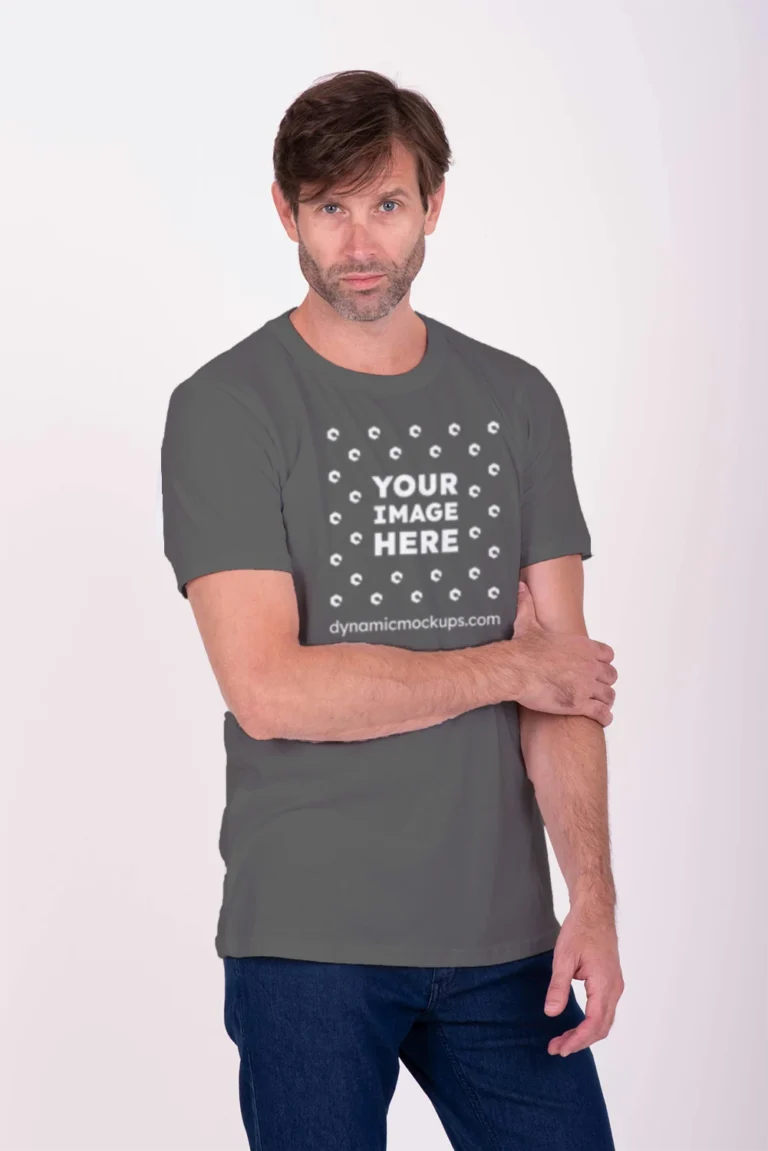 Man Wearing Dark Gray T-shirt Mockup Front View Template