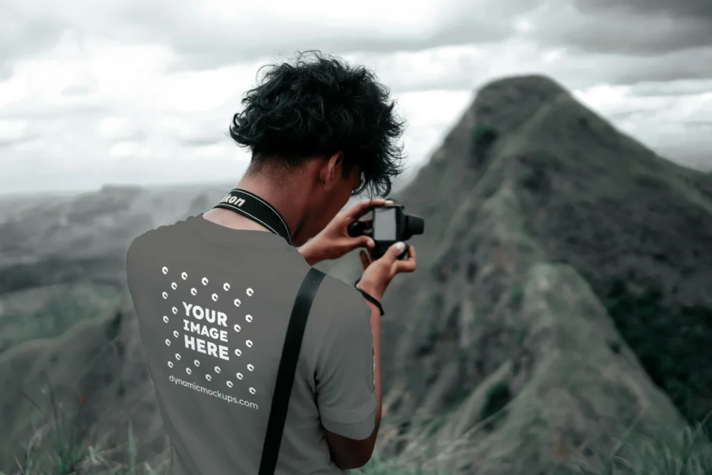 Man Wearing Dark Gray T-shirt Mockup Back View Template