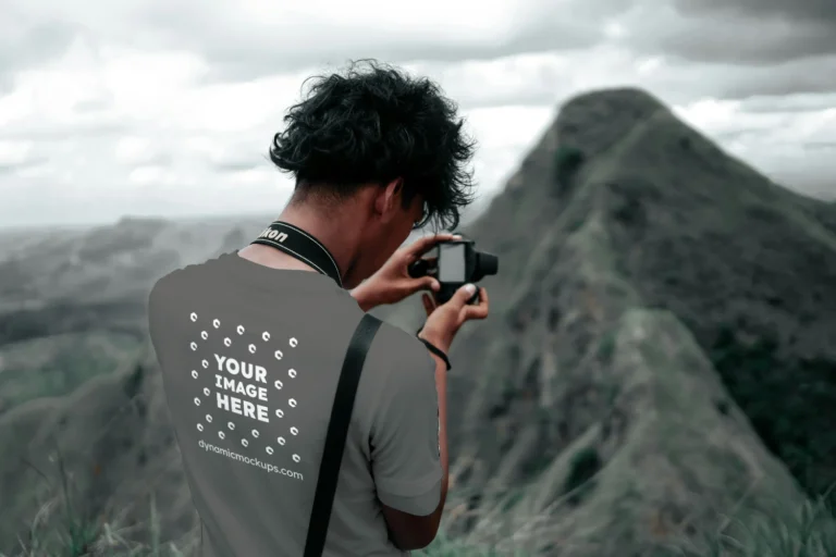 Man Wearing Dark Gray T-shirt Mockup Back View Template