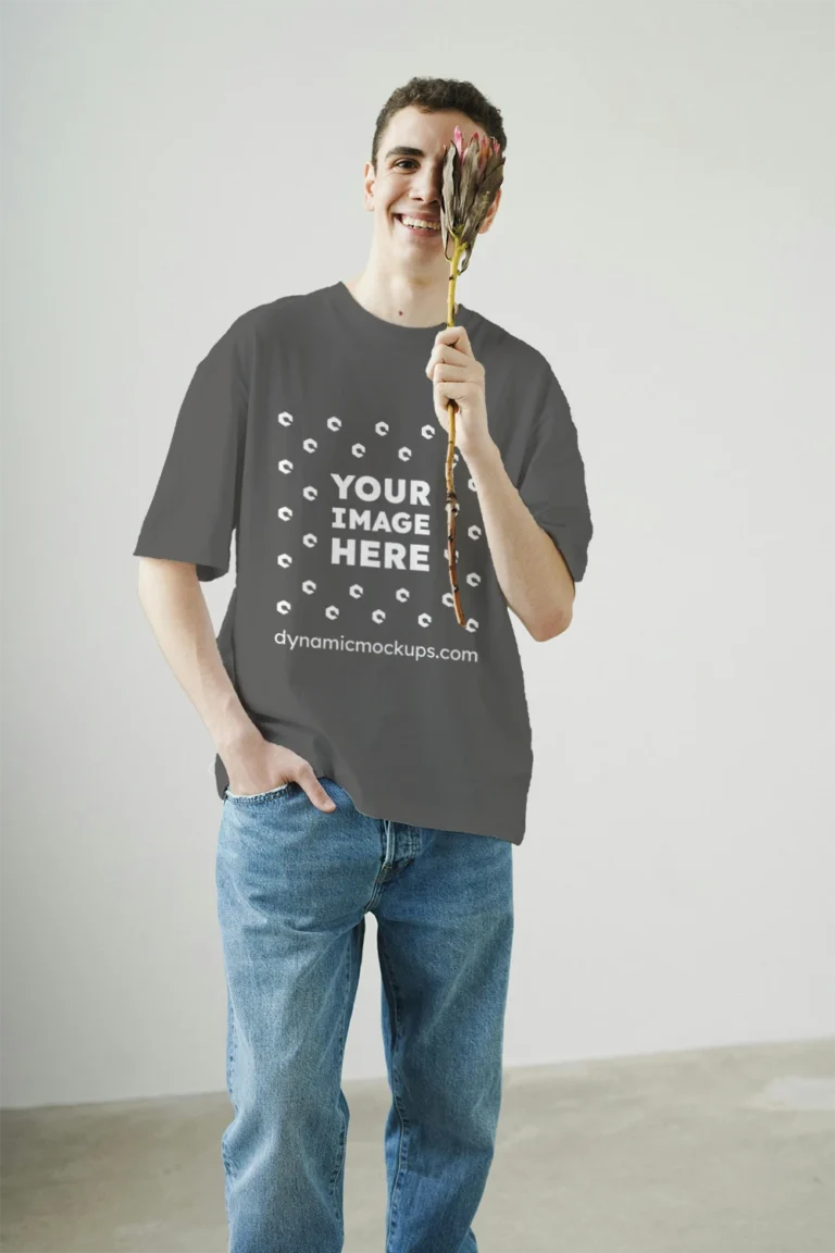Man Wearing Dark Gray T-shirt Mockup Front View Template