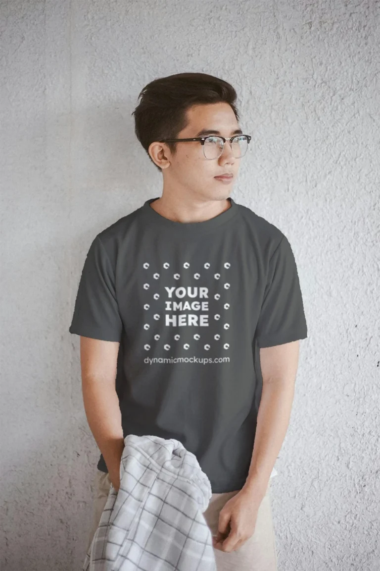 Man Wearing Dark Gray T-shirt Mockup Front View Template