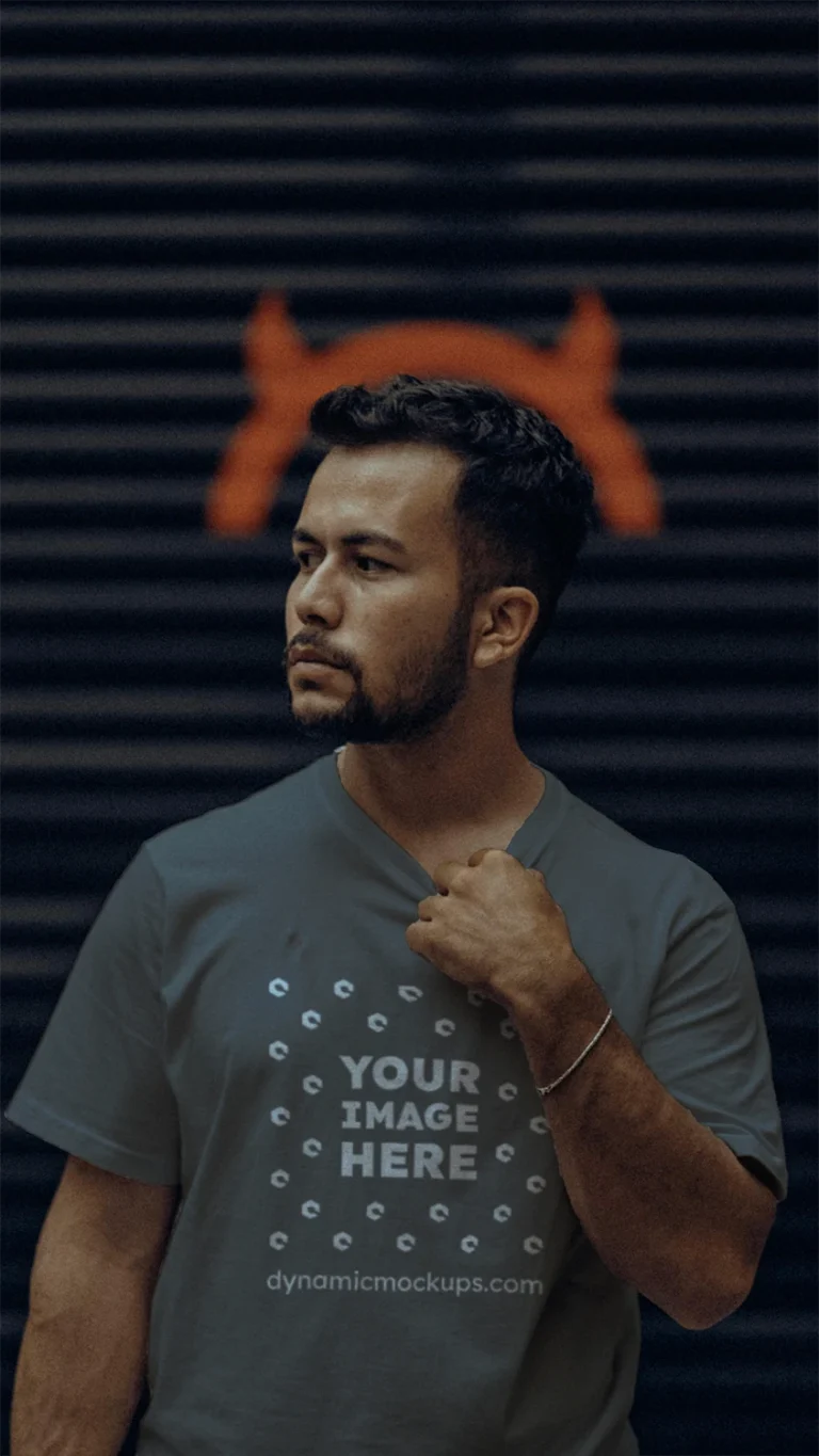 Man Wearing Dark Gray T-shirt Mockup Front View Template