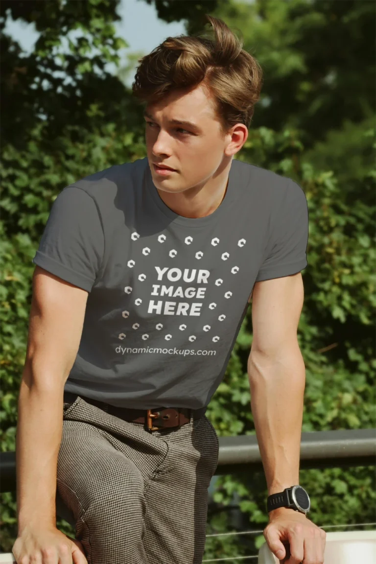 Man Wearing Dark Gray T-shirt Mockup Front View Template