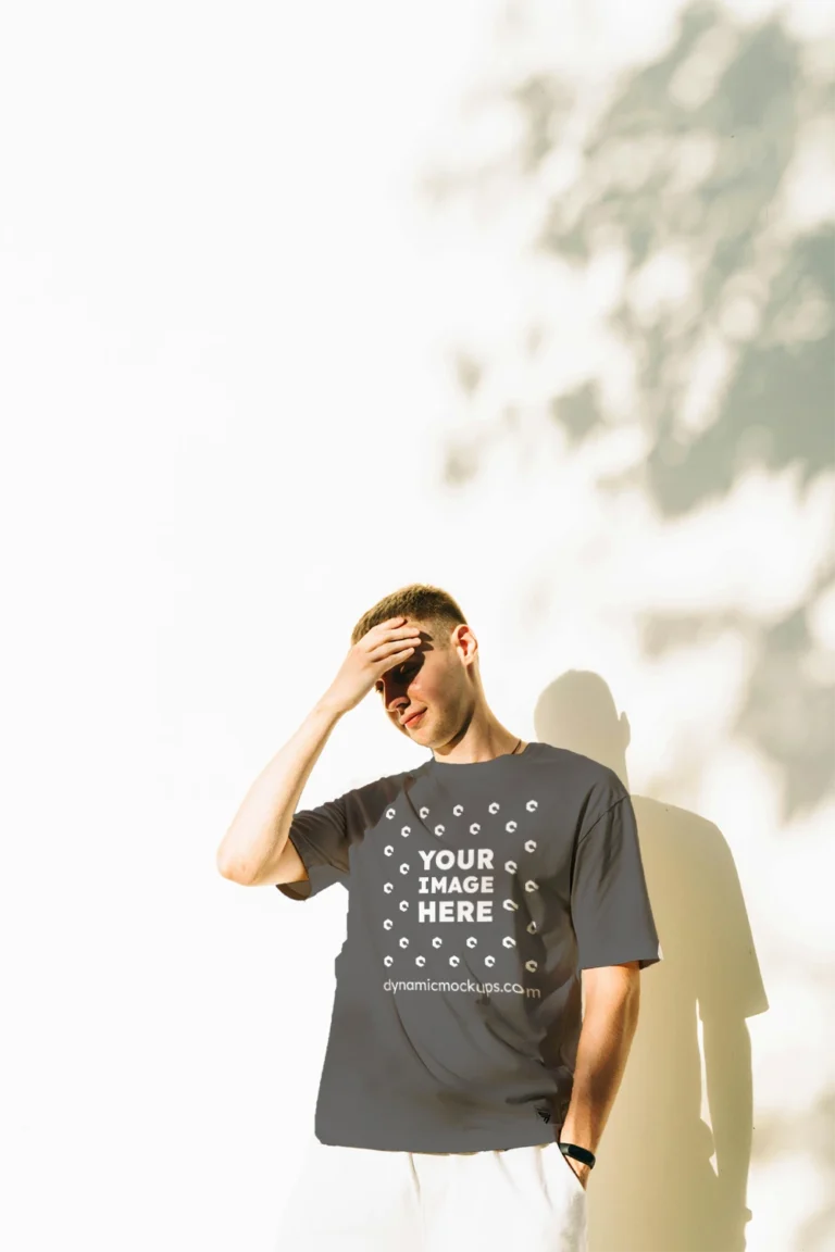 Man Wearing Dark Gray T-shirt Mockup Front View Template