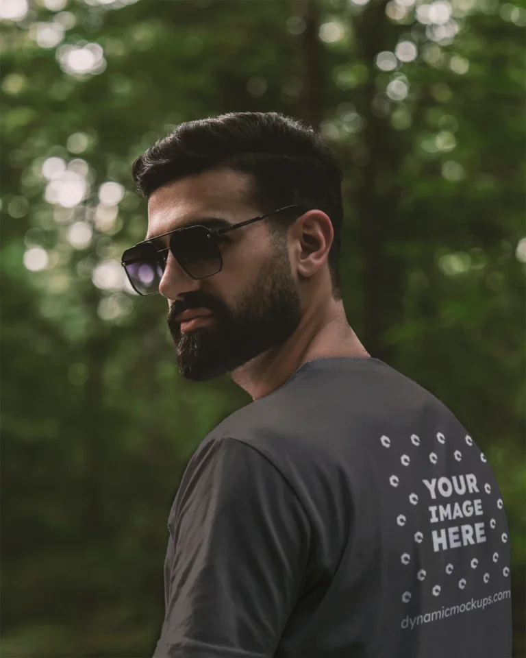 Man Wearing Dark Gray T-shirt Mockup Back View Template