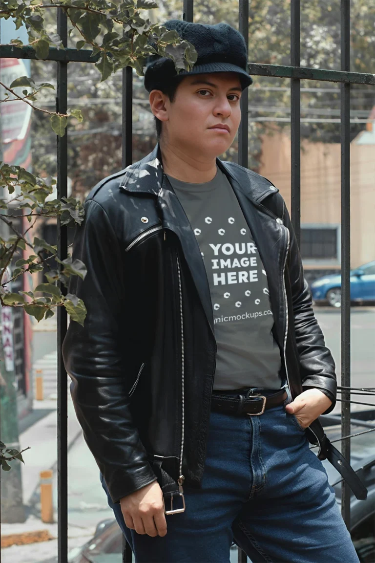 Man Wearing Dark Gray T-shirt Mockup Front View Template