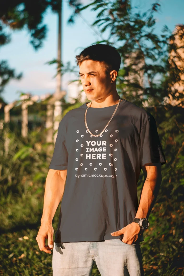 Man Wearing Dark Gray T-shirt Mockup Front View Template
