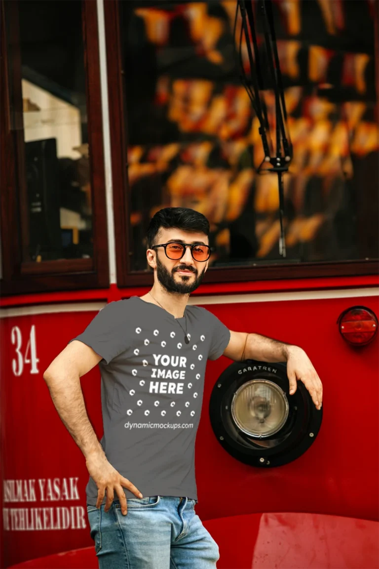 Man Wearing Dark Gray T-shirt Mockup Front View Template