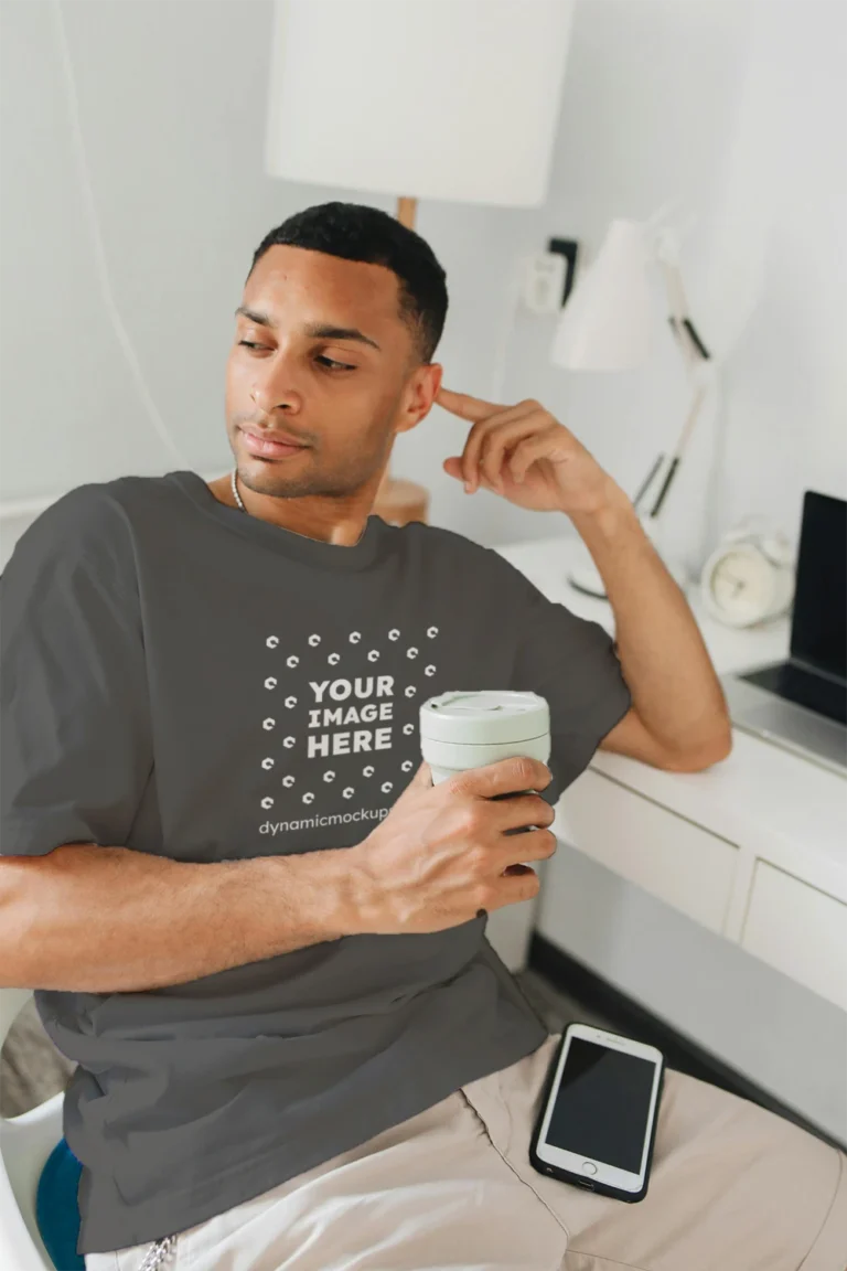 Man Wearing Dark Gray T-shirt Mockup Front View Template