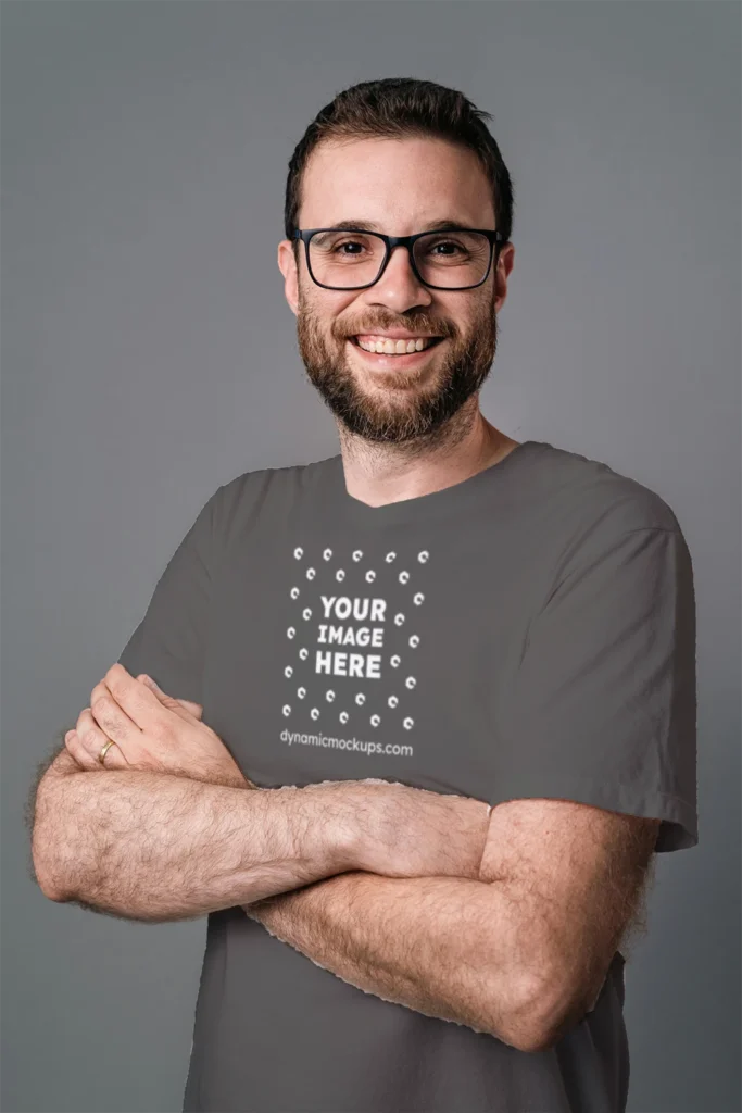 Man Wearing Dark Gray T-shirt Mockup Front View Template