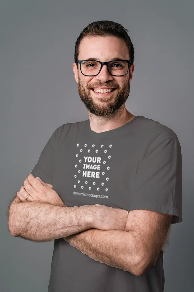 Man Wearing Dark Gray T-shirt Mockup Front View Template