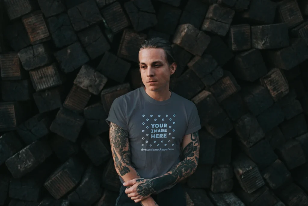 Man Wearing Dark Gray T-shirt Mockup Front View Template