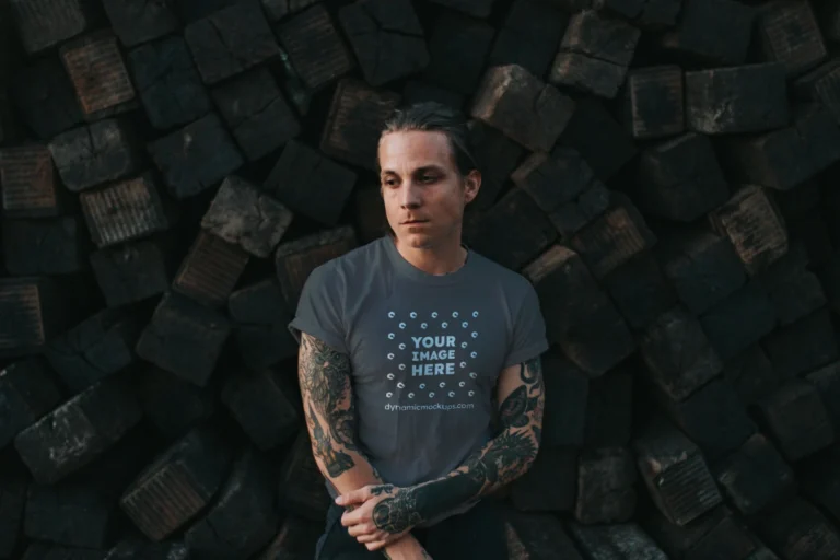 Man Wearing Dark Gray T-shirt Mockup Front View Template